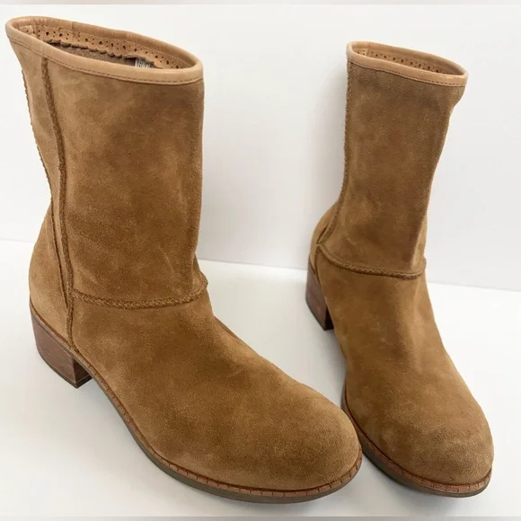 UGG Cyrinda Unlined Stacked Heel Suede Boots in Chestnut - Picture 3 of 11